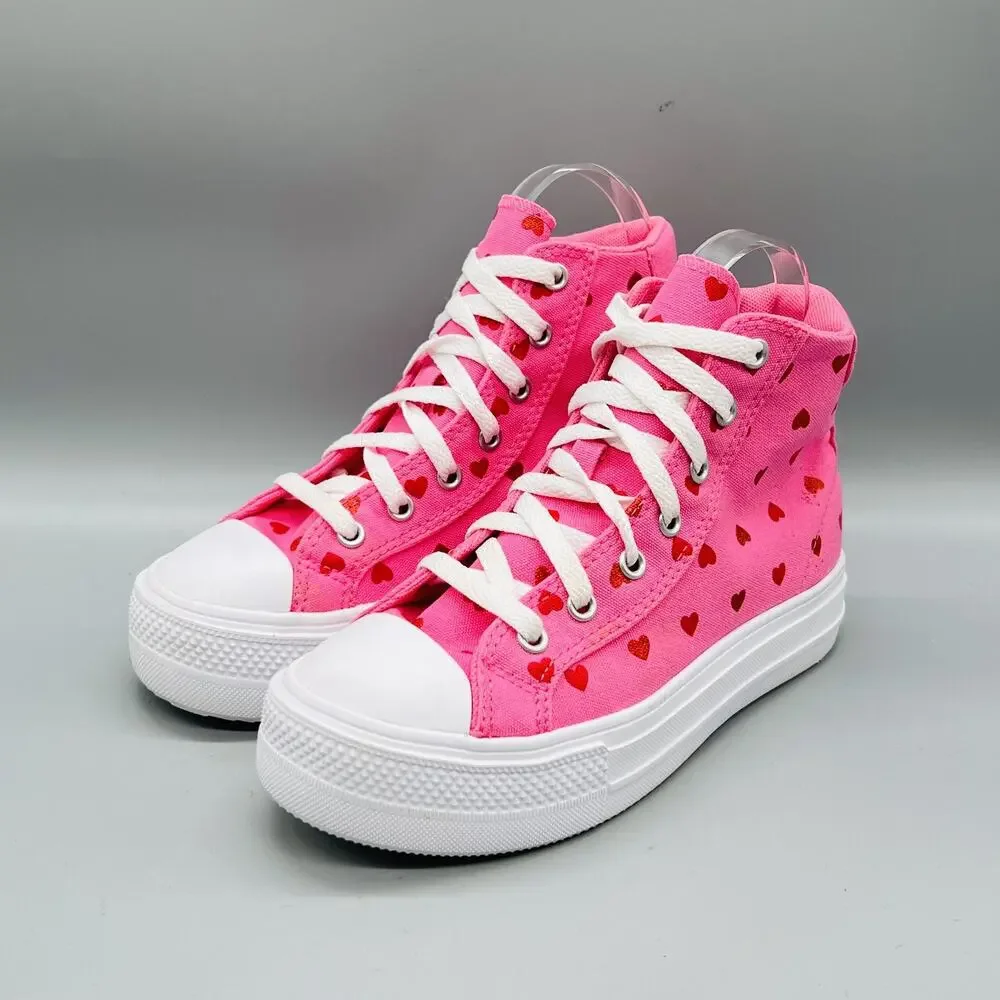 Converse Shoes Youth Girls 3 Pink Canvas Heart Print All Star High Top Sneakers
